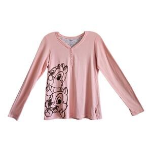 DISNEY STORE Women's XS Henley Top Embroidered Chipmunks Chip & Dale Coral 34"